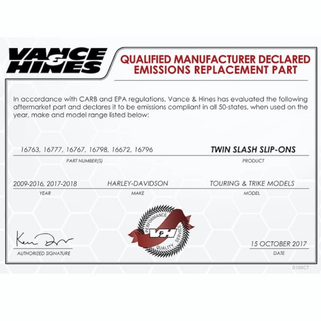 TERMINALI VANCE HINES TWIN SLASH ROUND CHROME SLIP-ON PER HARLEY TOURING 17-18 - DICHIARAZIONE EMISSIONI DEL PRODUTTORE