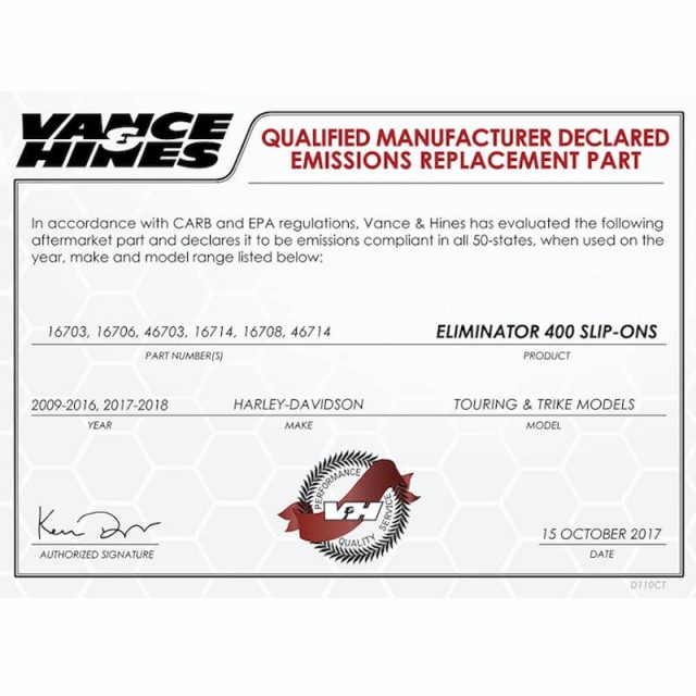 VANCE HINES ELIMINATOR 400 MATTE BLACK SLIP-ON MUFFLER HARLEY TOURING 17-18 - DECLARED EMISSIONS REPLACEMENT PART