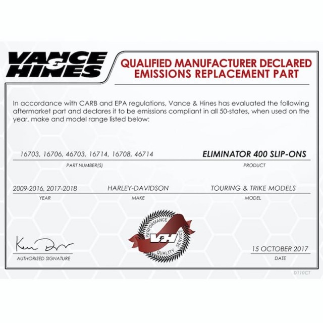 VANCE HINES ELIMINATOR 400 CHROME-BLACK SLIP-ON MUFFLER HARLEY TOURING 95-16 - DECLARED EMISSIONS REPLACEMENT PART
