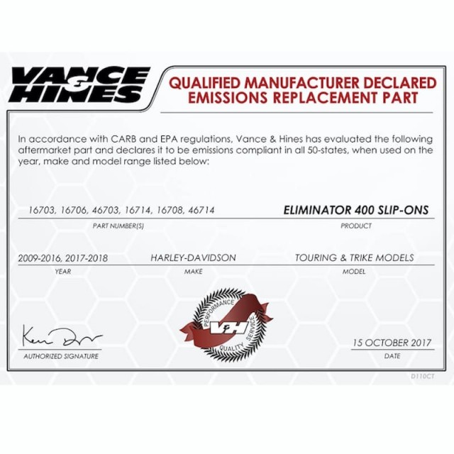 VANCE HINES ELIMINATOR 400 MATTE BLACK SLIP-ON MUFFLER HARLEY TOURING 95-16 - DECLARED EMISSIONS REPLACEMENT PART