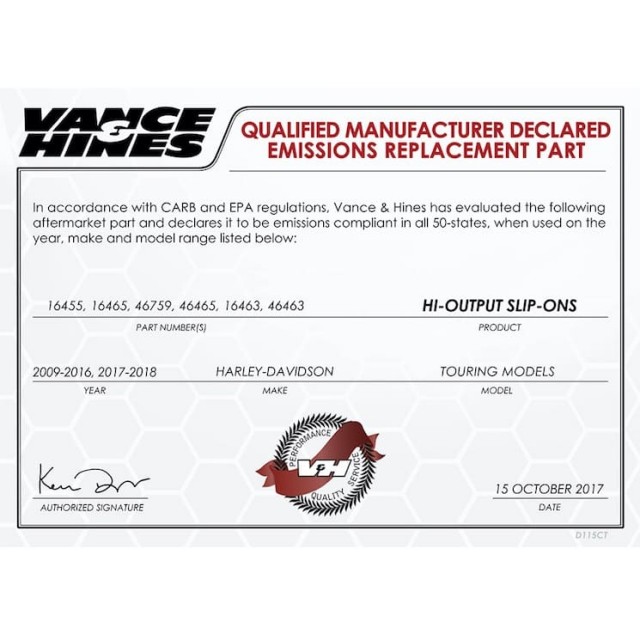 Manufacturer Declared Emission V&H Hi-Output Slip-Ons