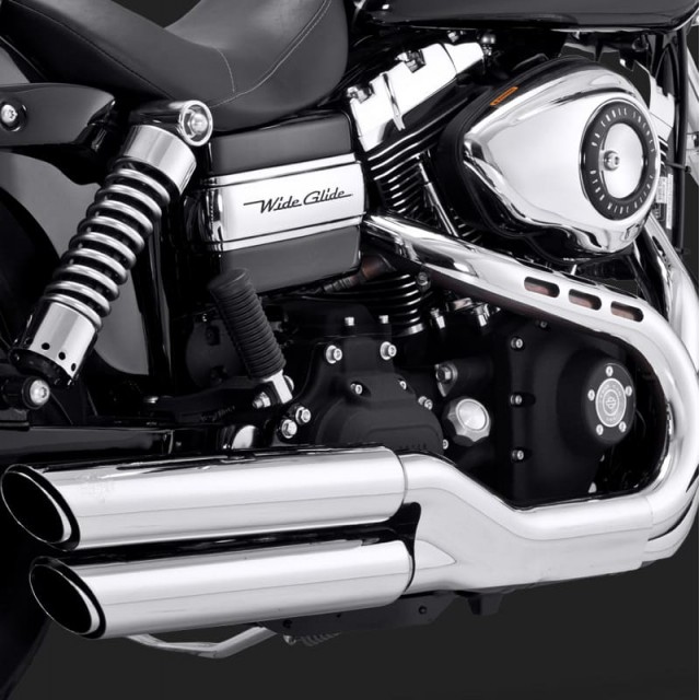 VANCE HINES TWIN SLASH 3'' SLIP-ON MUFFLERS CHROME DYNA FAT BOB/WIDE GLIDE - DETAIL