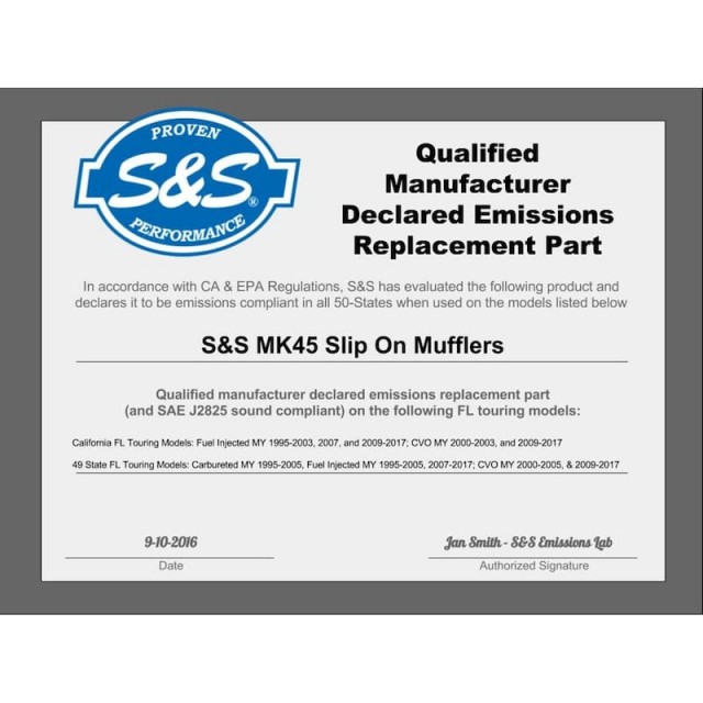 S&S MK45 CHROME SLIP-ON MUFFLERS WITH CHROME THRUSTER CAPS HARLEY TOURING - REGULATIONS