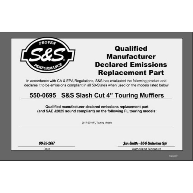 S&S GRAND NATIONAL SLIP-ON CHROME SLASH 4" MUFFLERS HARLEY TOURING 17-21 - DISCLAIMER