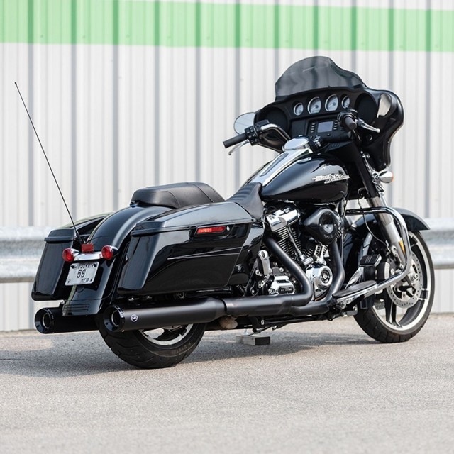 S&S GNX 4.5" SLIP-ON BLACK MUFFLERS BLACK ENDCAPS HARLEY TOURING 2017-2020 - BACK