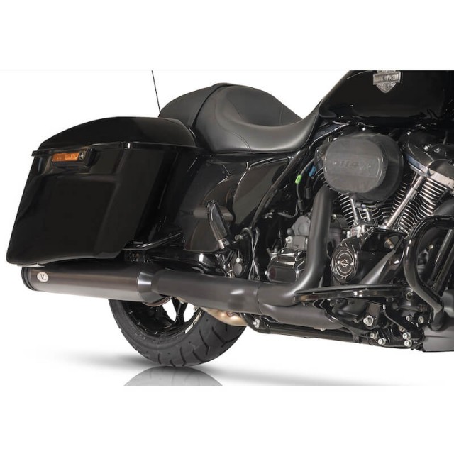 V-PERFORMANCE SLIP-ON EURO 5 BLACK MUFFLERS WITH DOUBLE RING END CAP FOR HARLEY TOURING 21-22 - FRONT