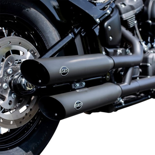 S&S SLIP-ON SLASH-CUT CATALYTICS BLACK MUFFLERS HARLEY DAVIDSON SOFTAIL 18-20 - END CAPS